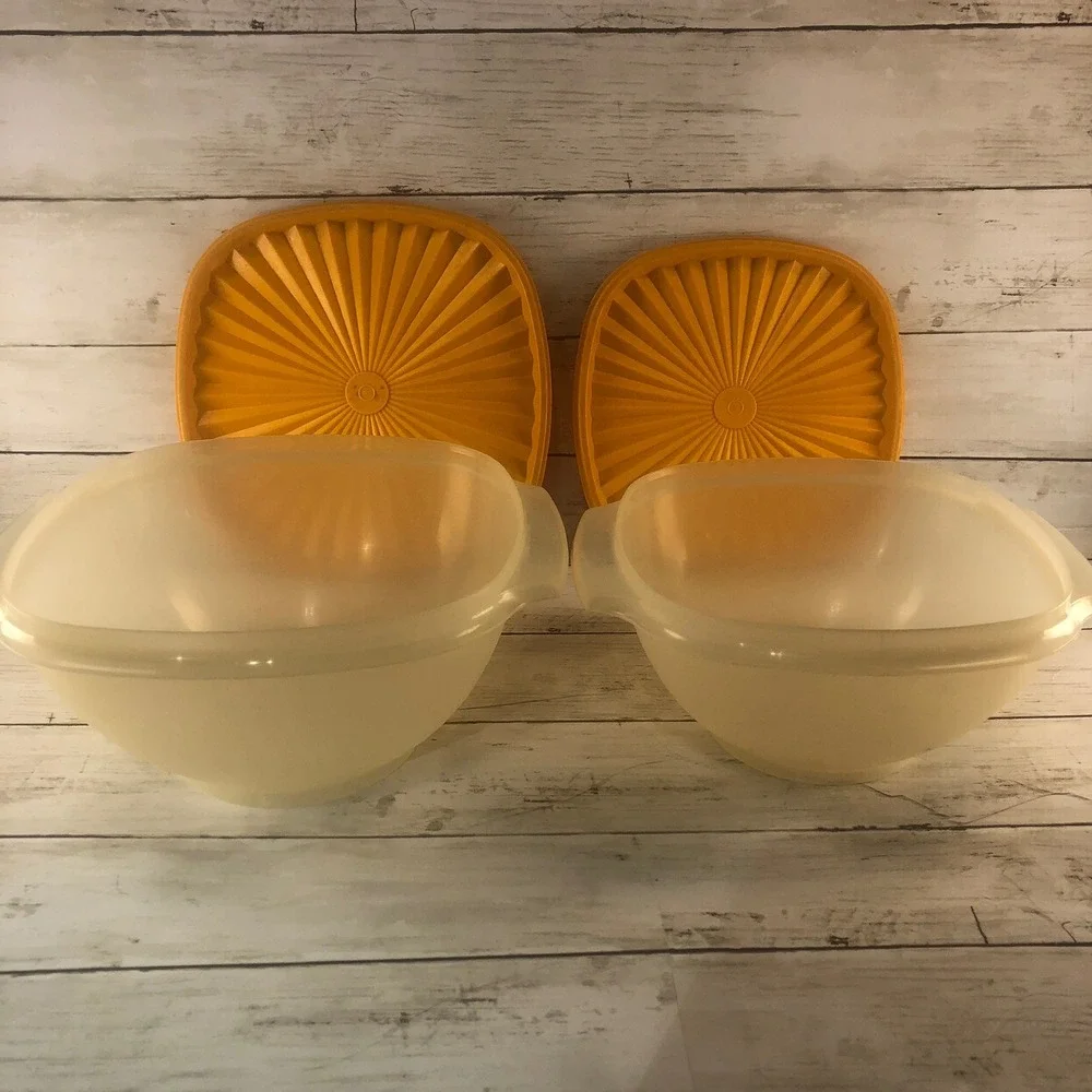 Vintage Tupperware Servalier Bowls Set of 2 Sheer Cream Mustard Yellow Sunburst