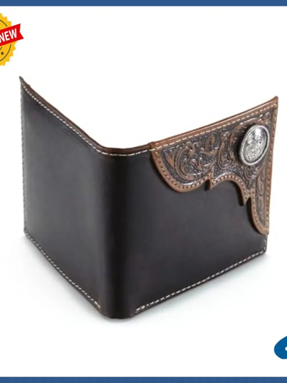 Distressed Leather Trifold Wallet with Tooled Corner and ID Window
