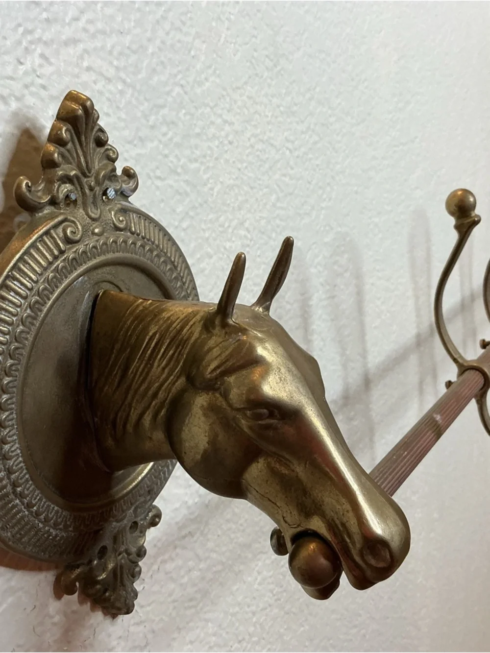34” L Vintage Brass Horse Head Wall Hook Rack - Brown/Gold