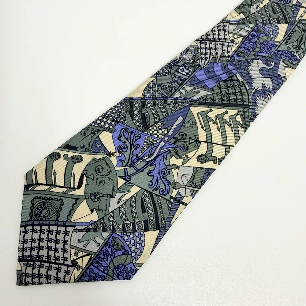 Hermes Scarf Tie Abstract Art Heraldry Blue/Sage/Yellow Silk 7286 MA 3.25