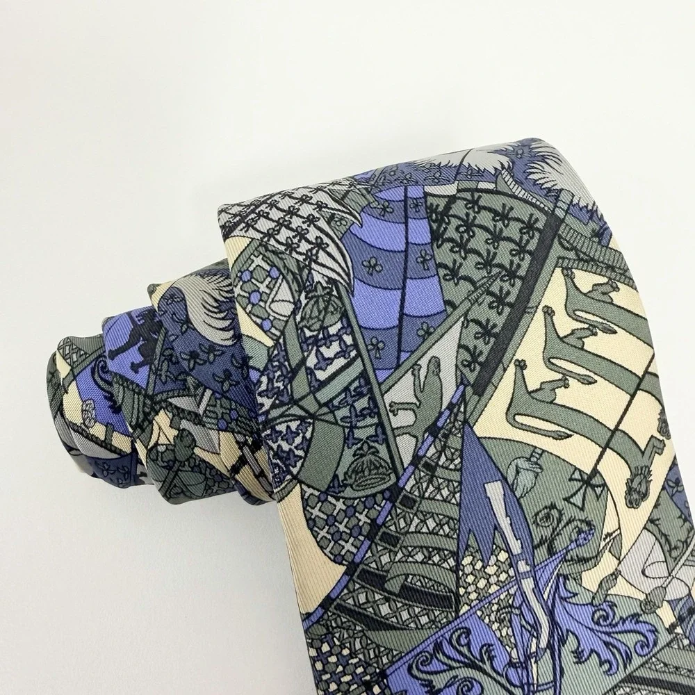 Hermes Scarf Tie Abstract Art Heraldry Blue/Sage/Yellow Silk 7286 MA 3.25