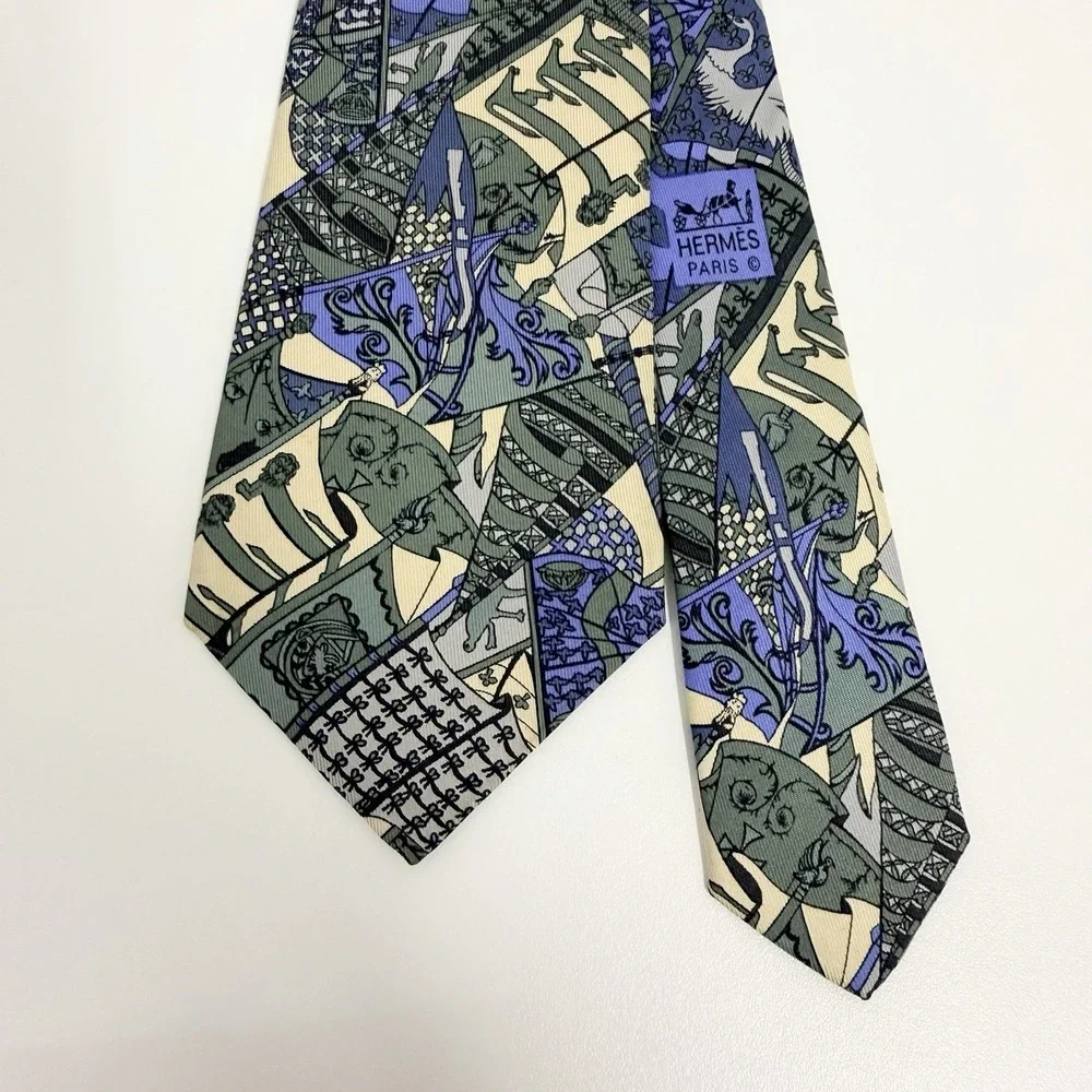 Hermes Scarf Tie Abstract Art Heraldry Blue/Sage/Yellow Silk 7286 MA 3.25