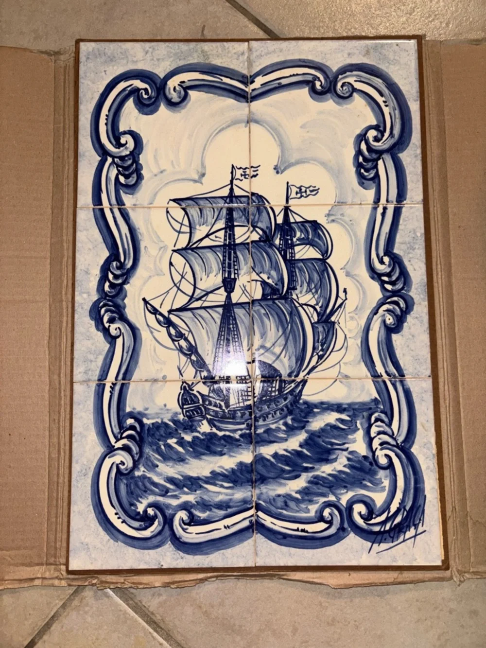 Vintage Portuguese Azulejos Blue and White Signed 6 Tile Mural Sailing Mural Art