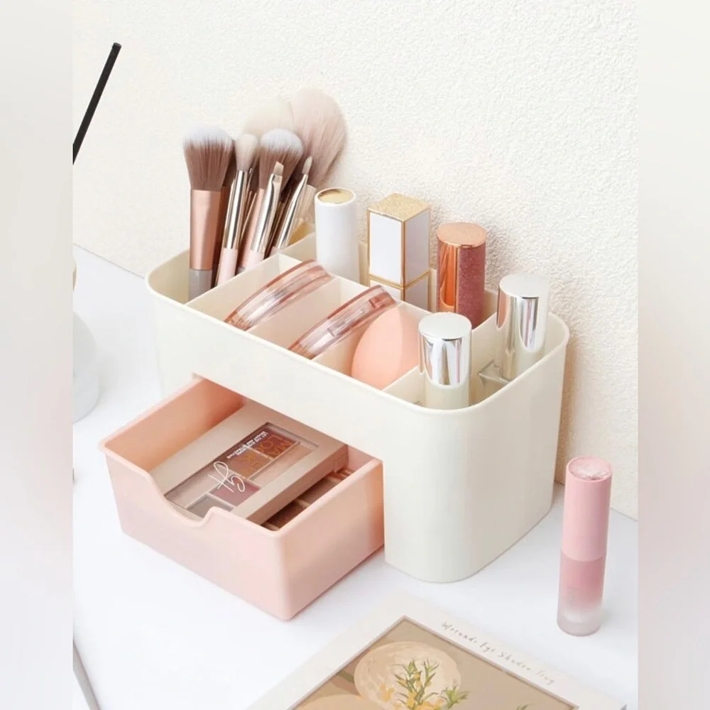 NEW 1pc Multi-drawer Clear Pink Makeup Organizer Box With Compartments