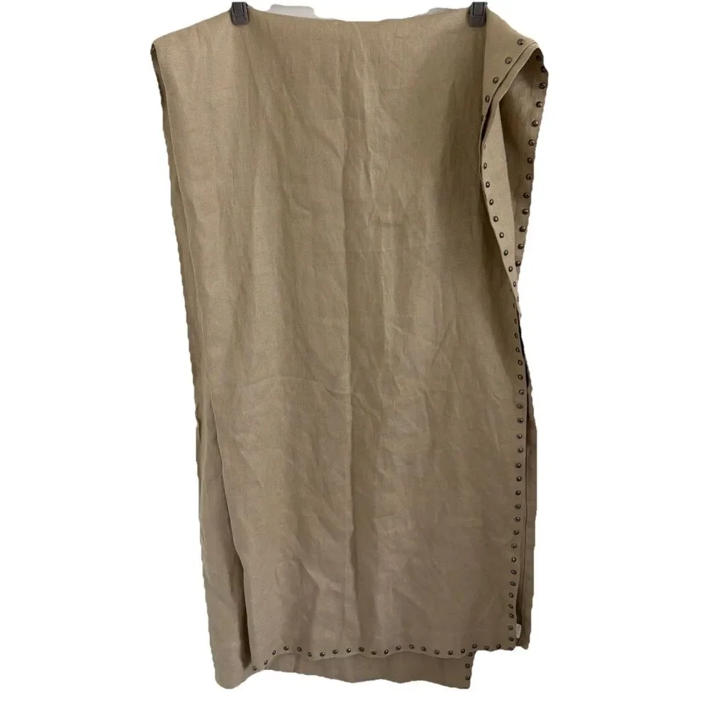 West Elm Pair Of 100% Linen Curtain Panels 48x96 Tan Studded Trim Rod Pocket EUC