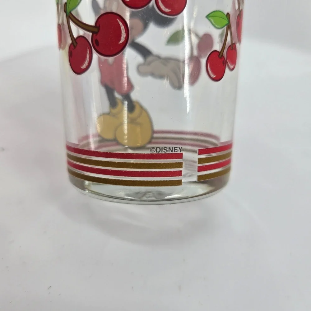 Disney Mickey Mouse Cherry Glass Tumbler Vintage Clear Drinking Glass Red Gold