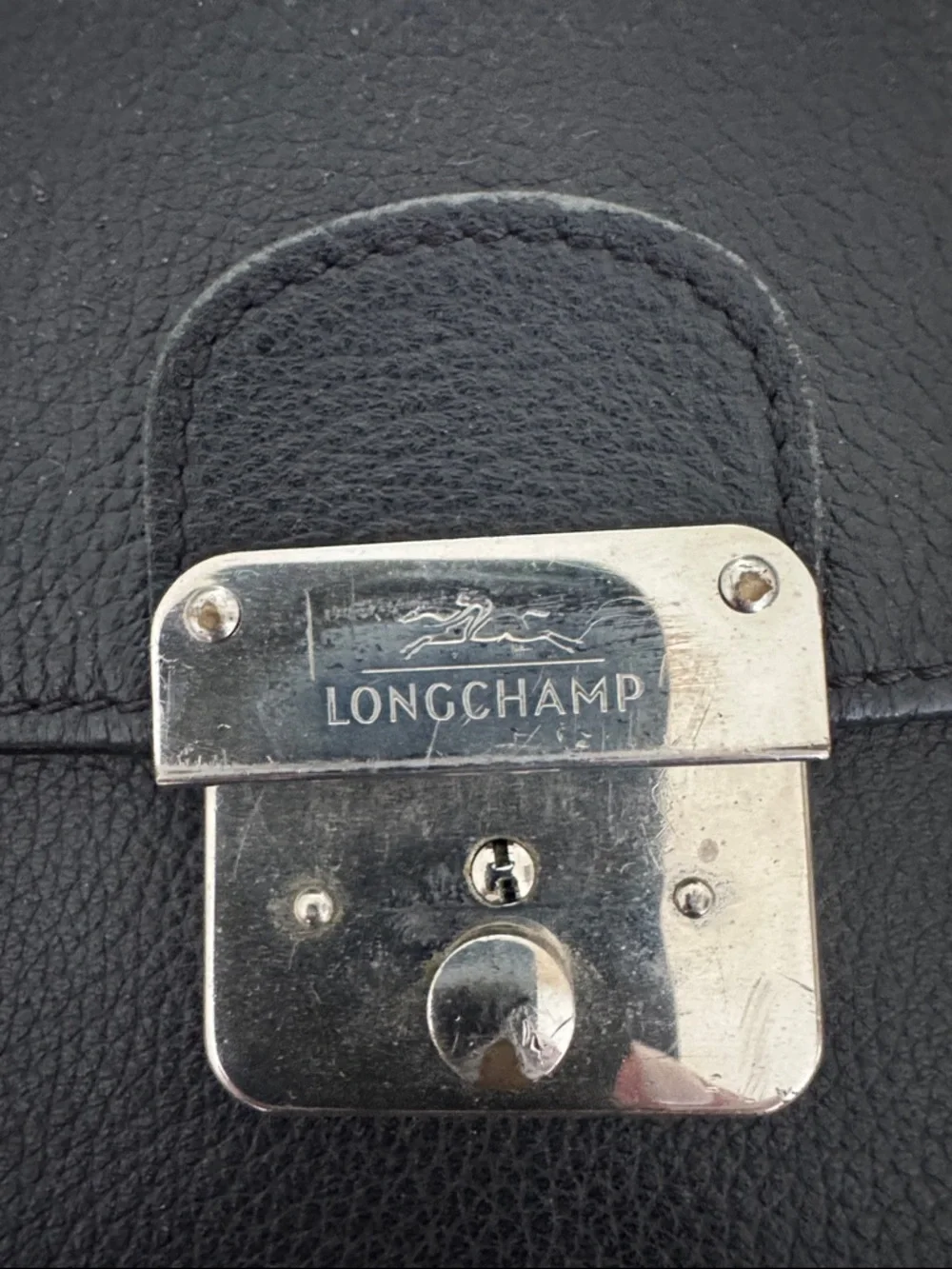Longchamp Black Leather Briefcase with Silver Lock
