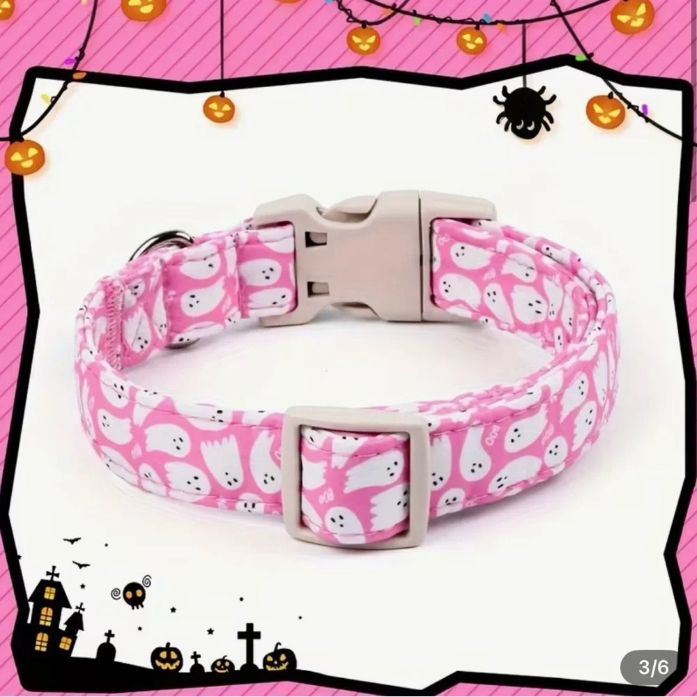 Pink Ghost Pattern Pet Collar with Ghost Charm