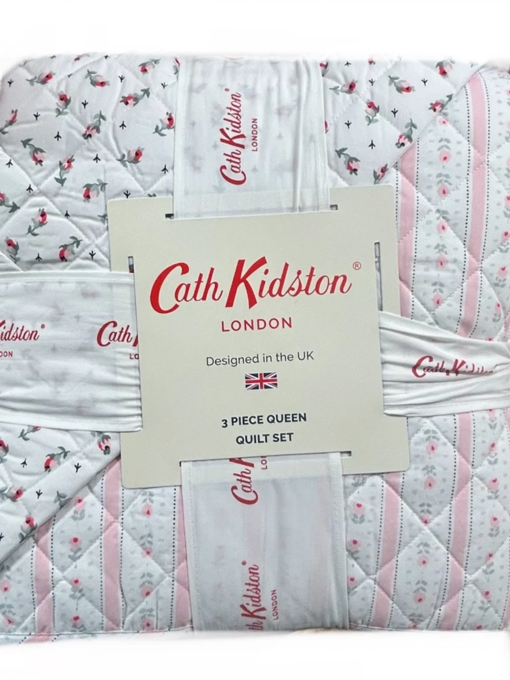 Cath Kidston Rosebud Stripe Pink Queen Cotton Quilt Set 90”x90”