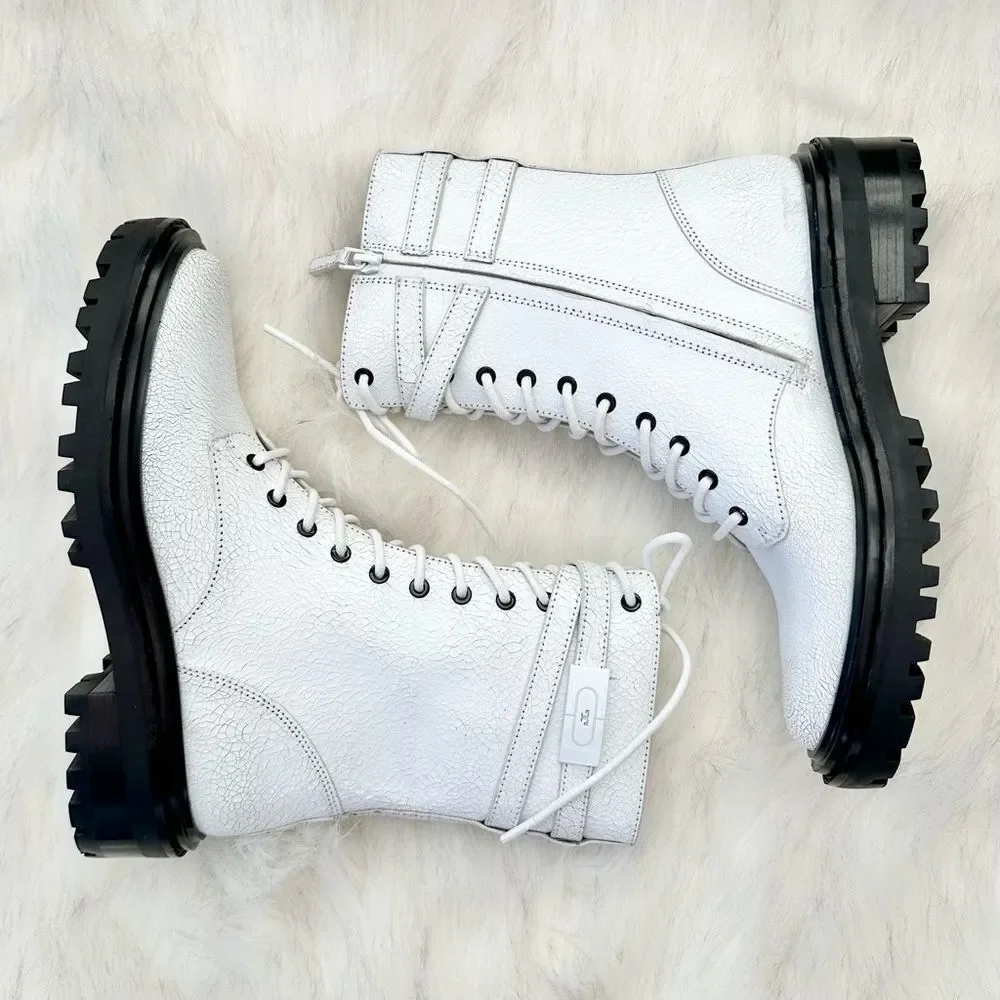 NWOB Tory Burch Women's T-Hardware Lace Up Combat Boots in White Crackle Size 8