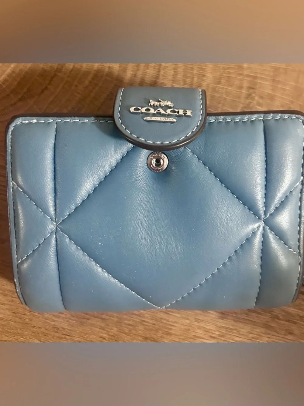 Coach New CM997 Light Mist Blue Puffy Leather Medium Corner Zip Wallet