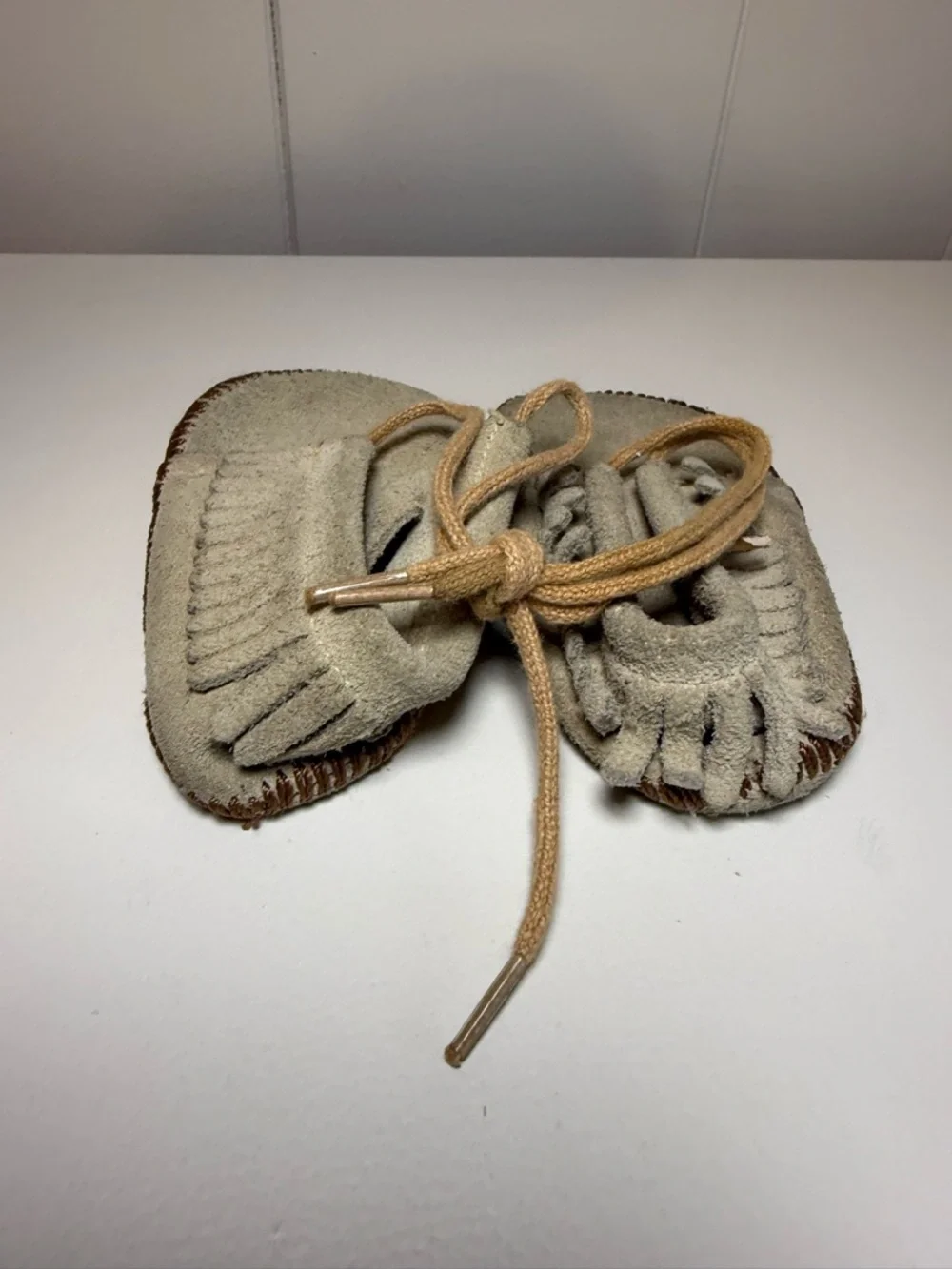 Vintage Baby Soft Suede Fringe Moccasins in Light Beige
