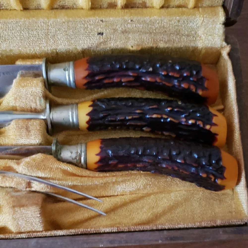 Vintage Carving Set with Bakelite Antler Handles by Flint