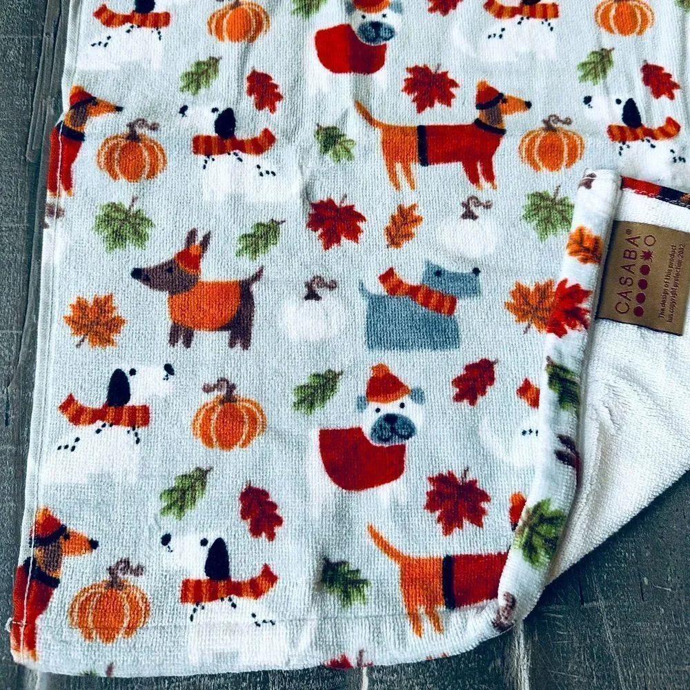 Fall Pumpkin Dogs Print Gray Casaba Hand Towel