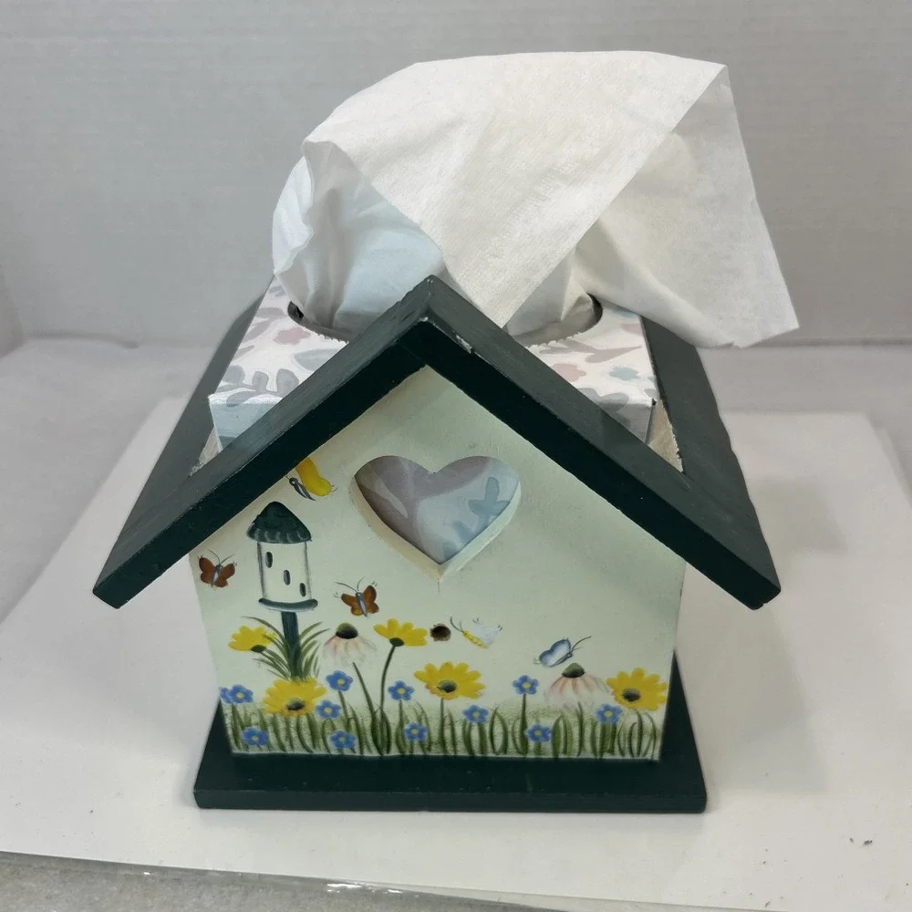 Crazy Mountain Wood Hand Painted ‎ Butterfly Flower Garden Tissue Box Decor Read