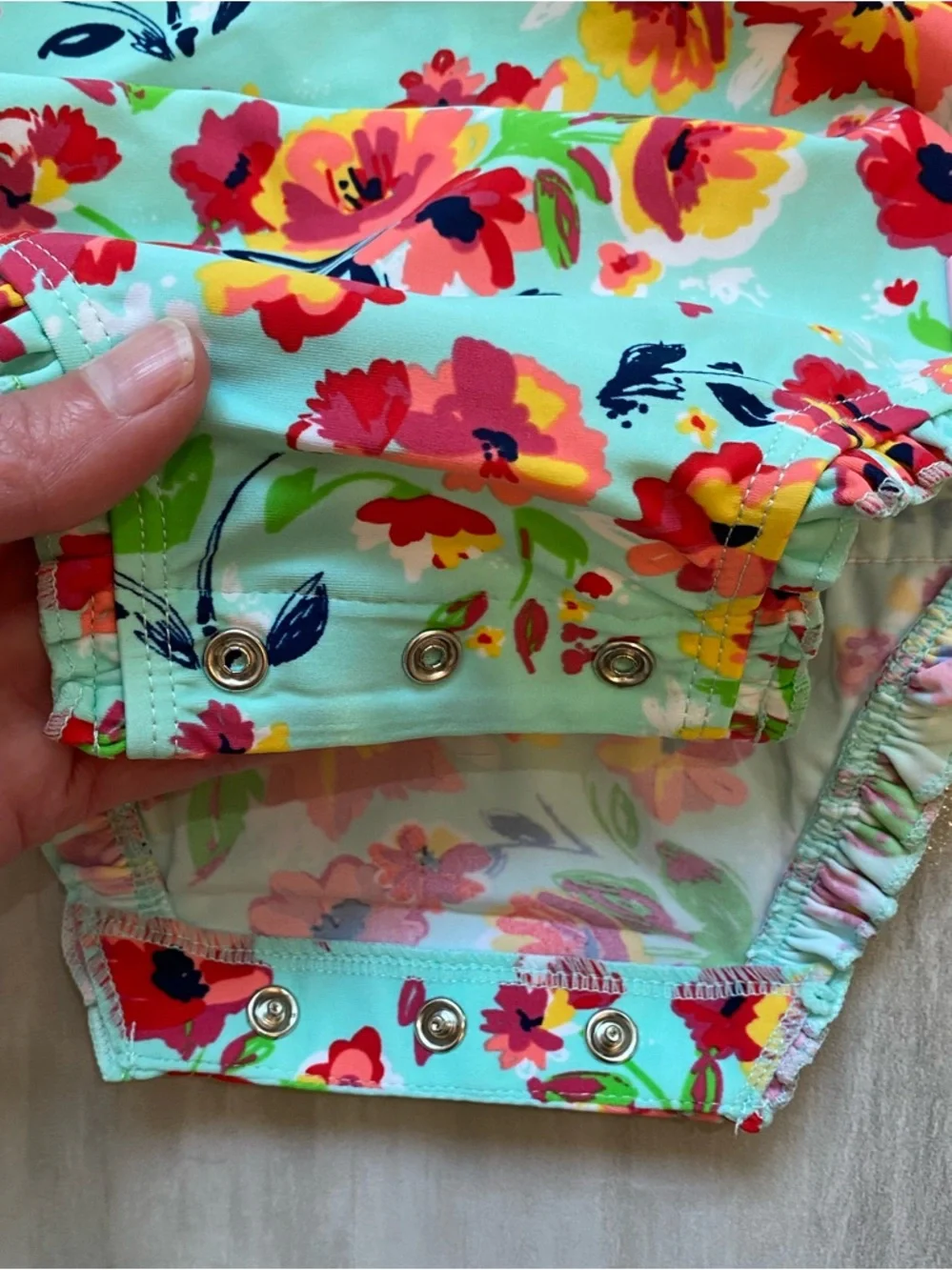 NWT RuffleButts Painted Flowers Aqua Long Sleeve Rash Guard Swimsuit girls 3-6M