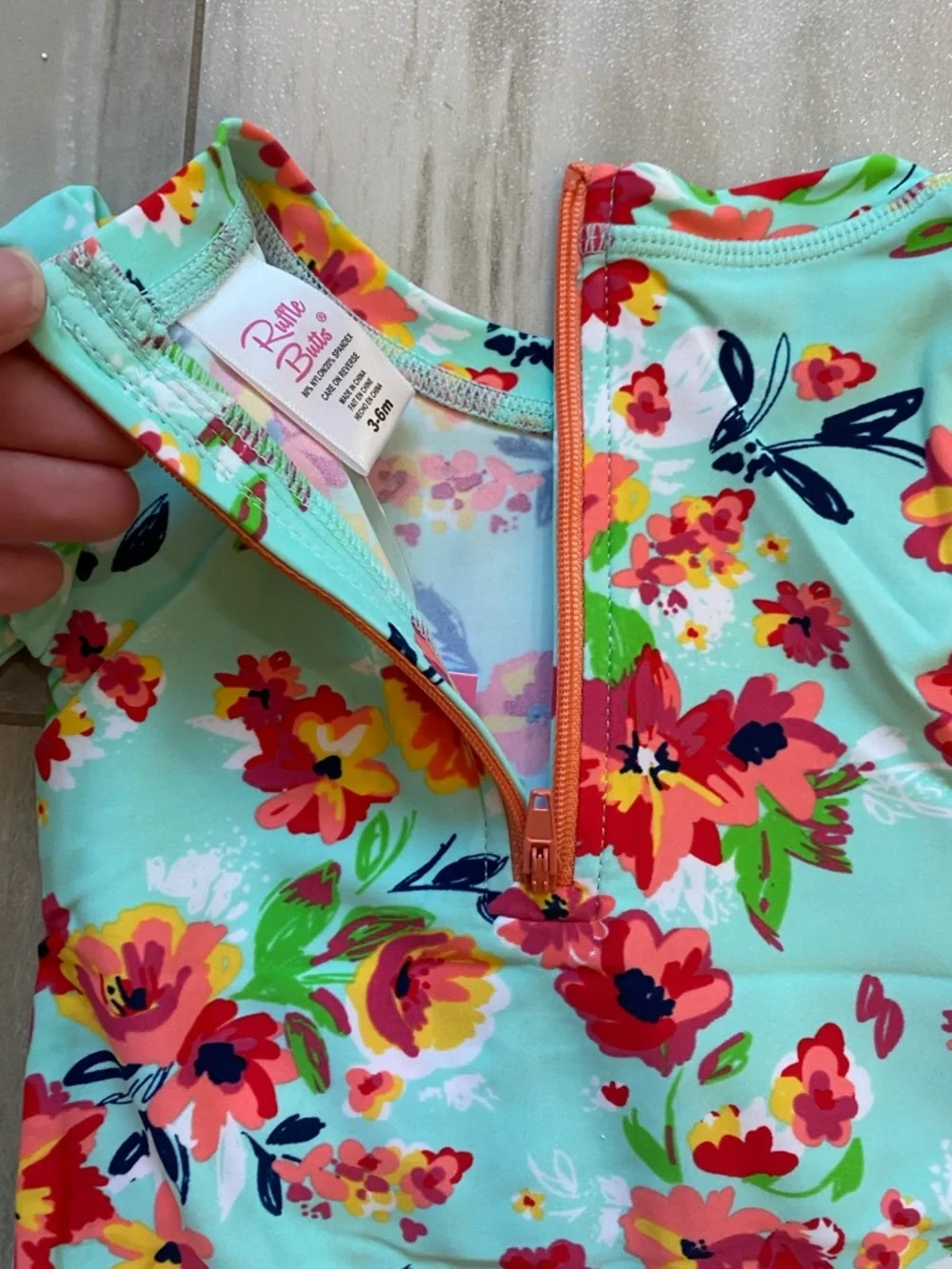 NWT RuffleButts Painted Flowers Aqua Long Sleeve Rash Guard Swimsuit girls 3-6M