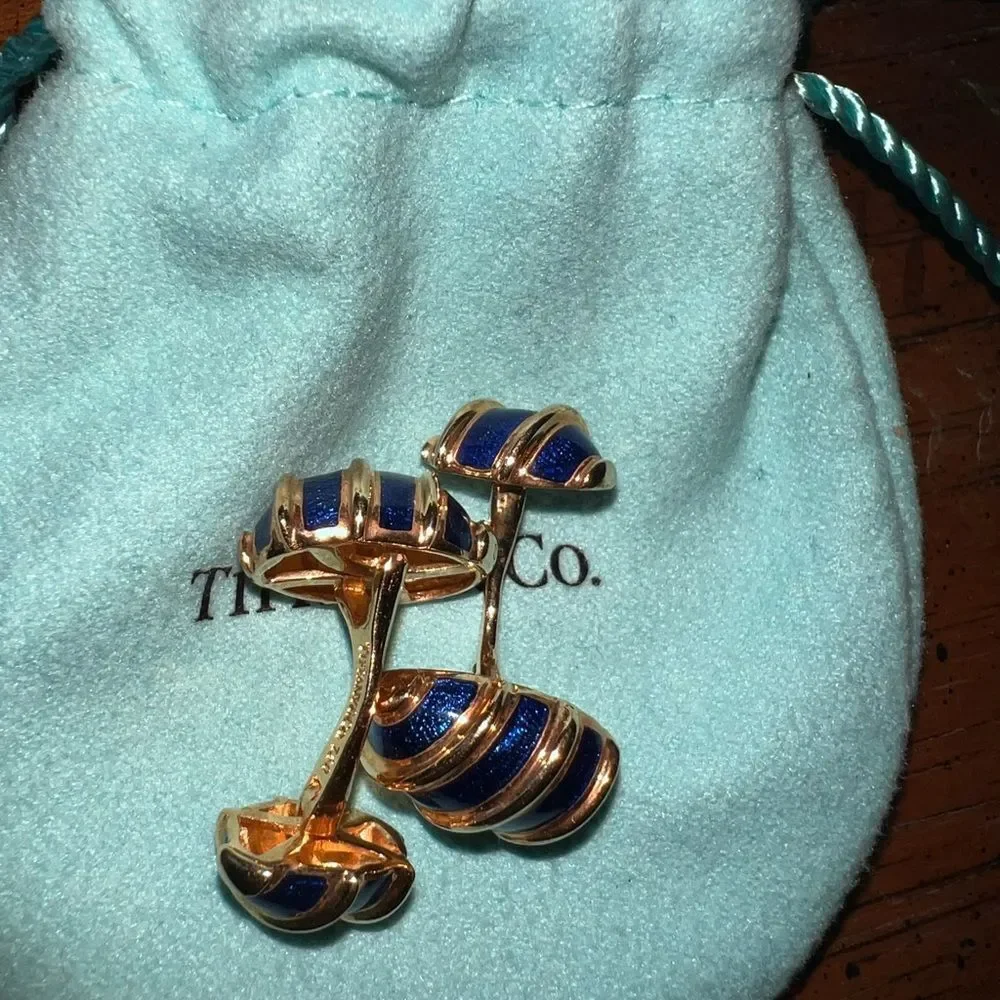 Tiffany Schlumberger Olive Cuff Links 18k‎ Gold Blue Enamel worn once with pouch