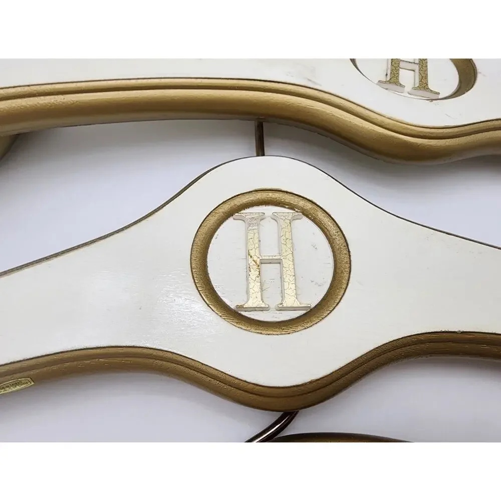 Vtg Lot of 6 Wood Coat Hangers White Gold Hollywood Regency Hotels 1950's