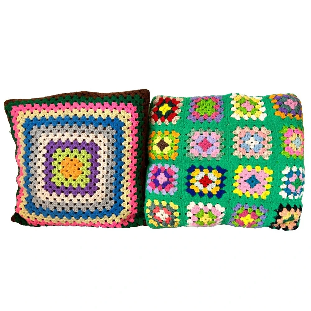 Vintage 2 Granny Square Crochet Throw Pillow & Case Rainbow Handmade Decorative