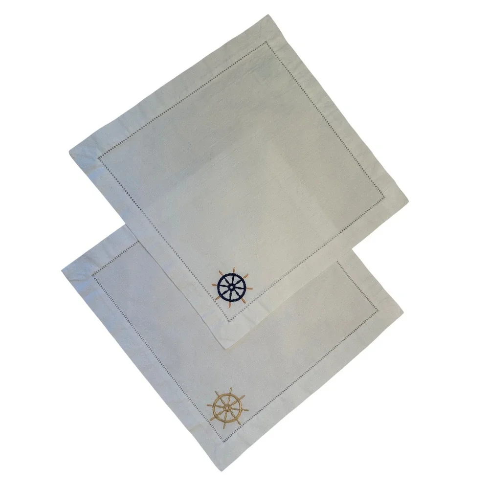 Williams Sonoma Nautical Hemstitch Cotton Napkins Cocktail Bar Set of 2, READ
