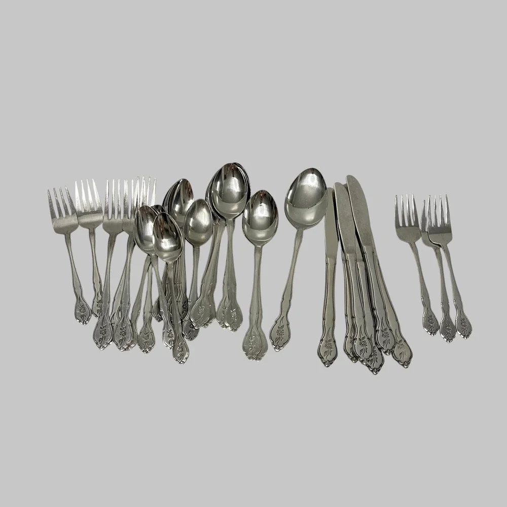 Barclay Geneva Stainless Steel Rose Floral Engraved Flatware Lot 37 Pieces