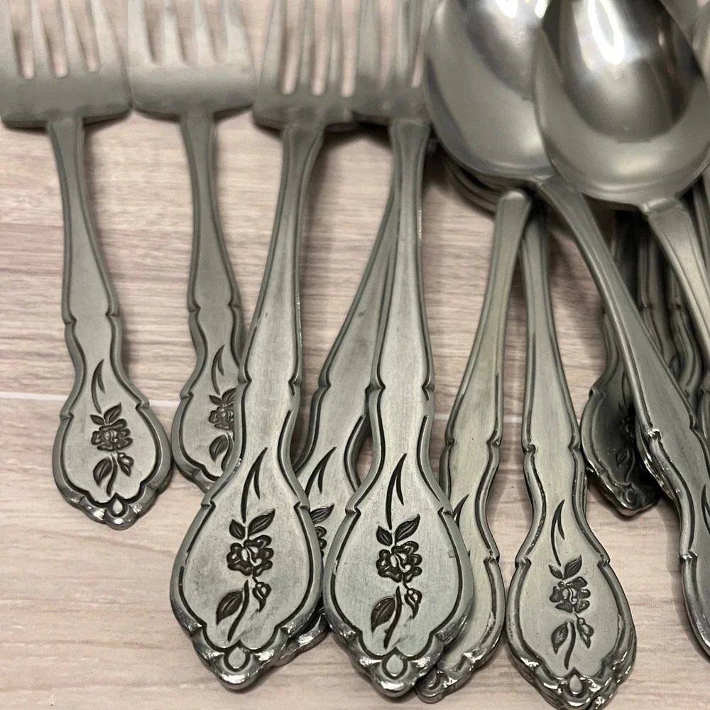 Barclay Geneva Stainless Steel Rose Floral Engraved Flatware Lot 37 Pieces