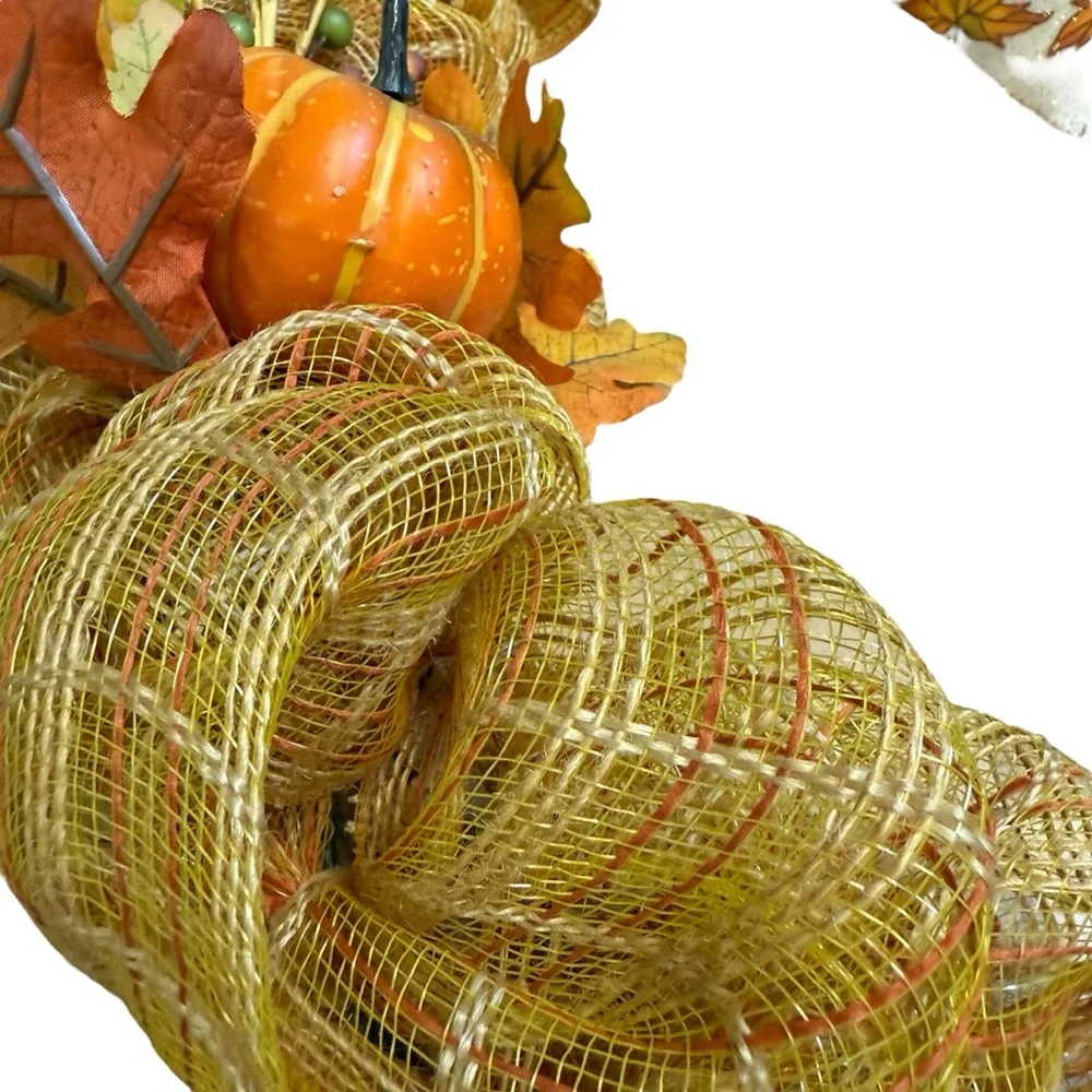 Handmade Fall Leaves & Pumpkin Deco Mesh Wreath – Gold Burlap Mesh – 21 Inches