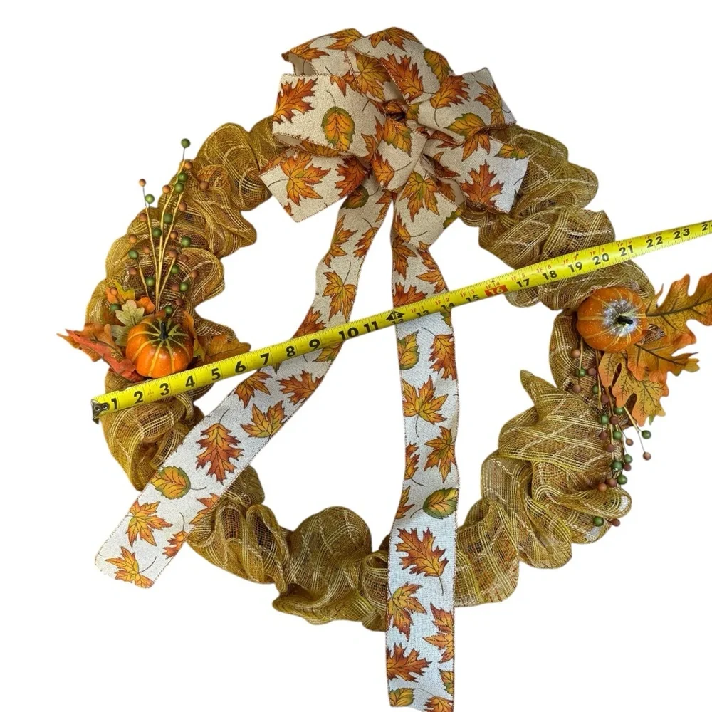 Handmade Fall Leaves & Pumpkin Deco Mesh Wreath – Gold Burlap Mesh – 21 Inches