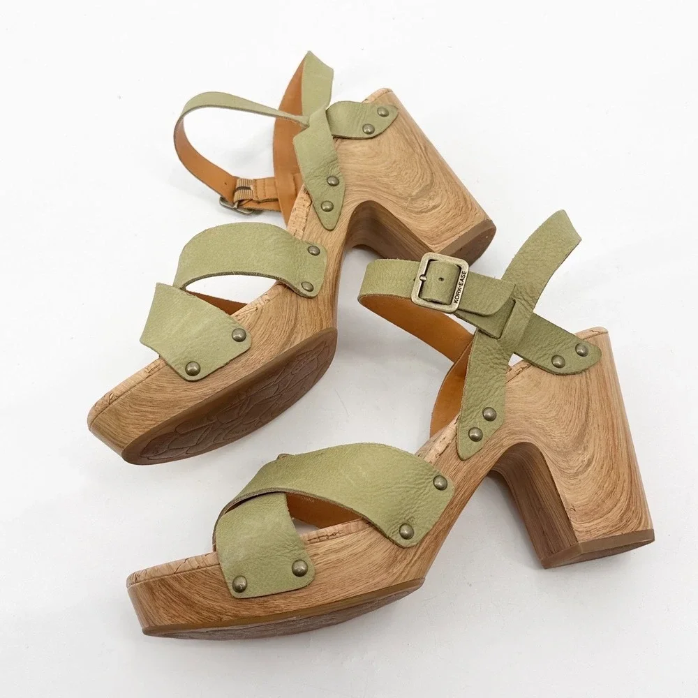 Kork-Ease Drew Green Leather Platform Sandal Wood Block Heel Clogs size 11