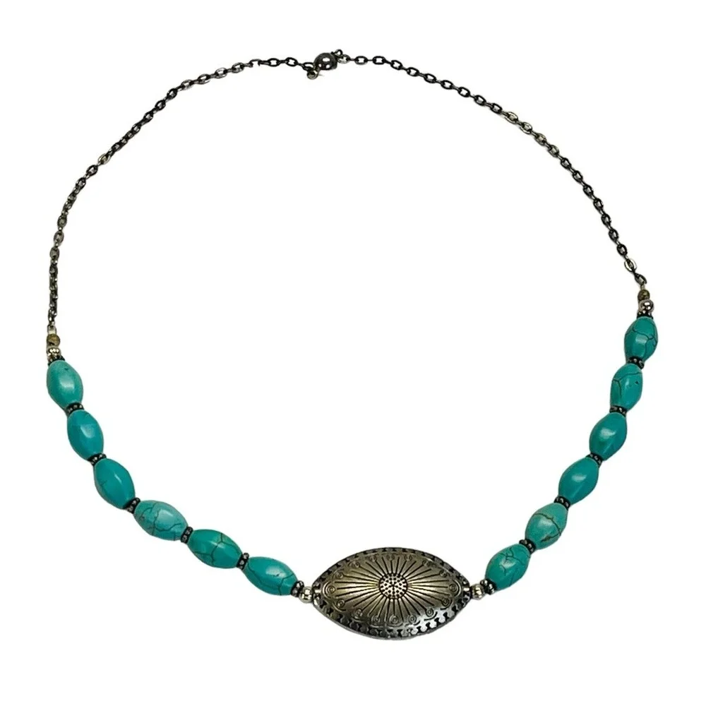 Western Necklace Turquoise Look Blue Elongated Beads Silver Tone Pendant Western