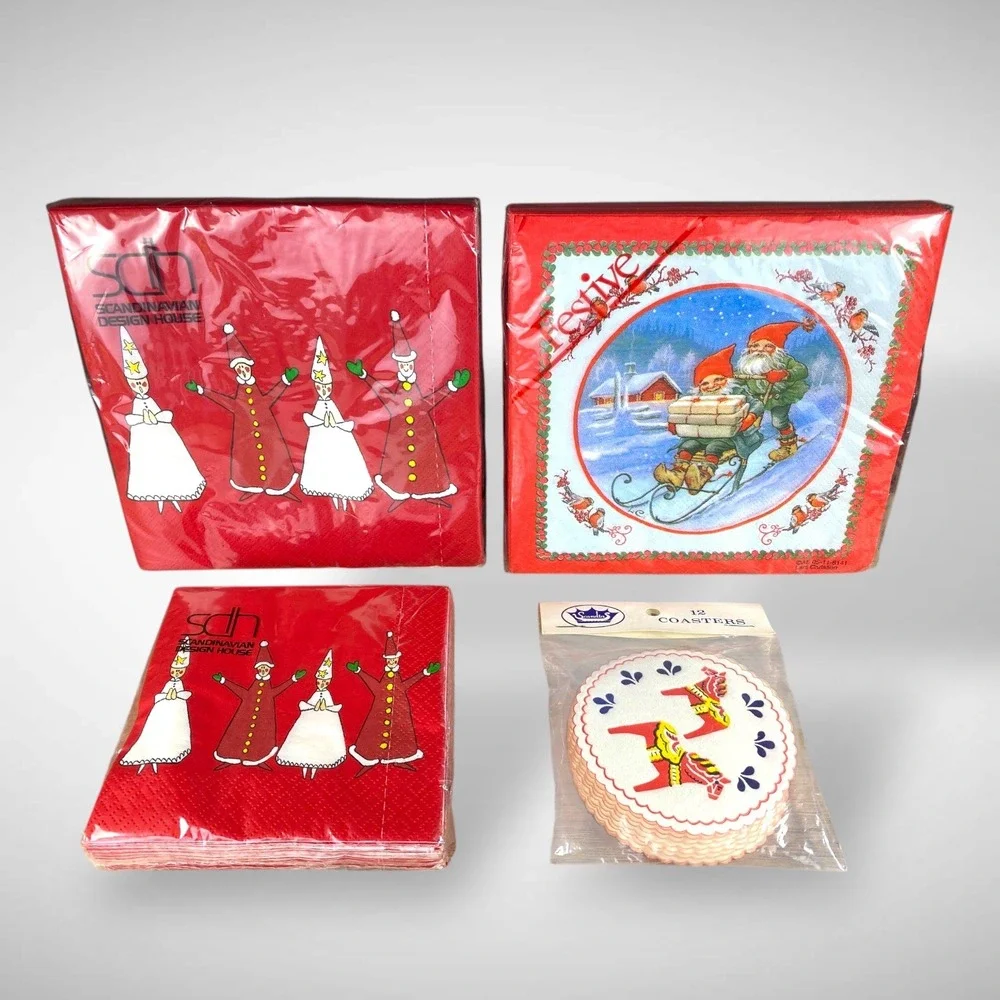 Scandinavian NOS Paper Napkins & Coasters Vintage Dala Horse Gnomes Lucia‎