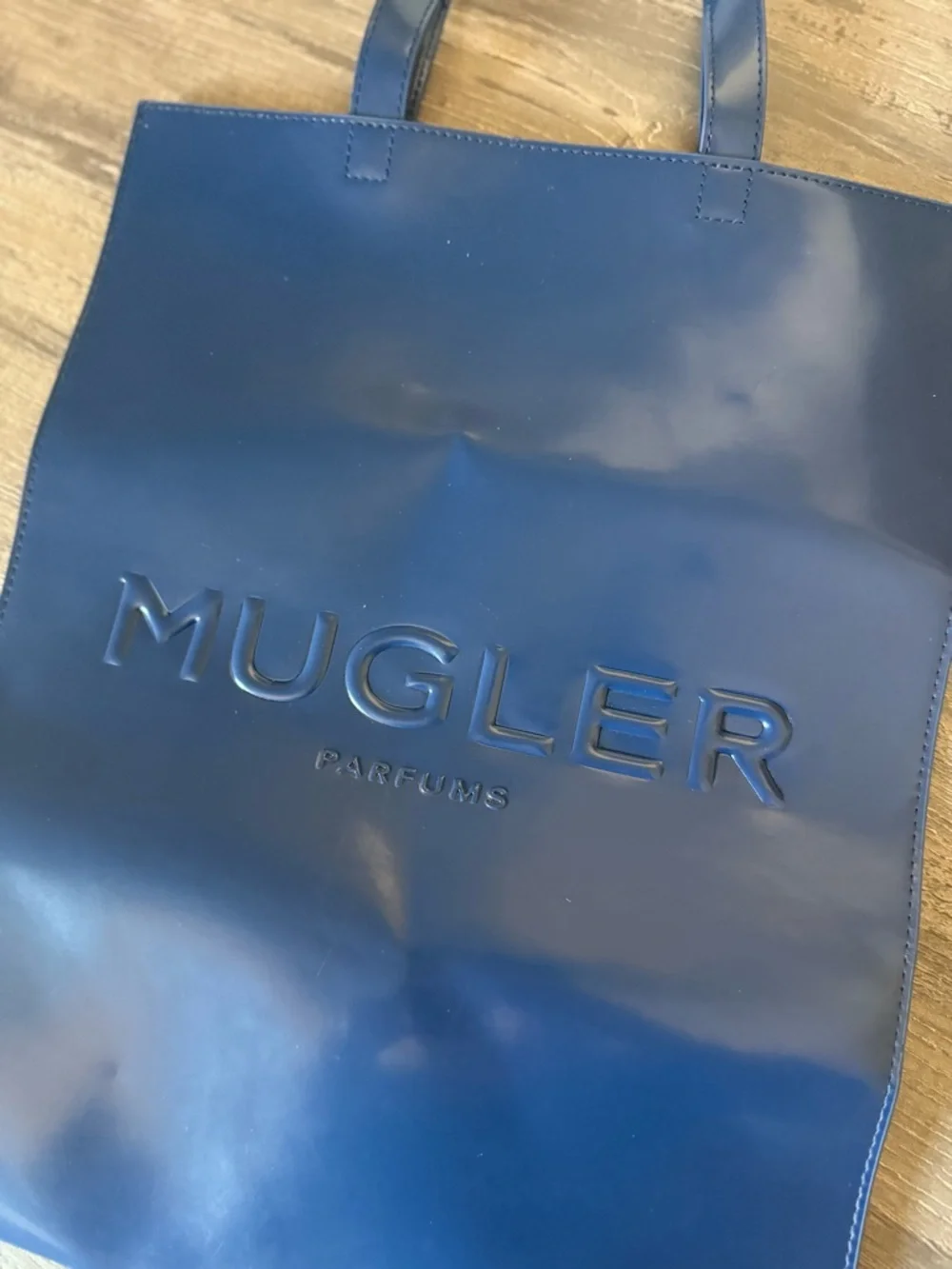 Mugler Deep Blue Leather Embossed Logo Tote