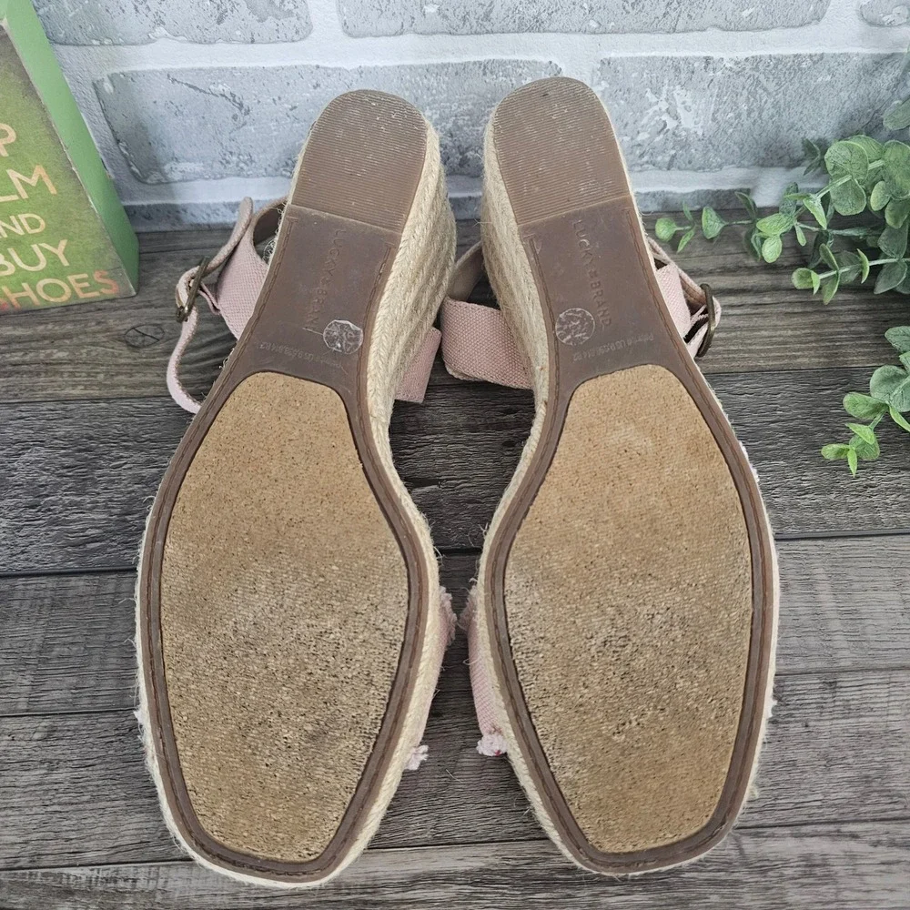 Lucky Brand Pink Canvas Espadrille Wedge Sandals Women Size 10 Adjustable Strap‎