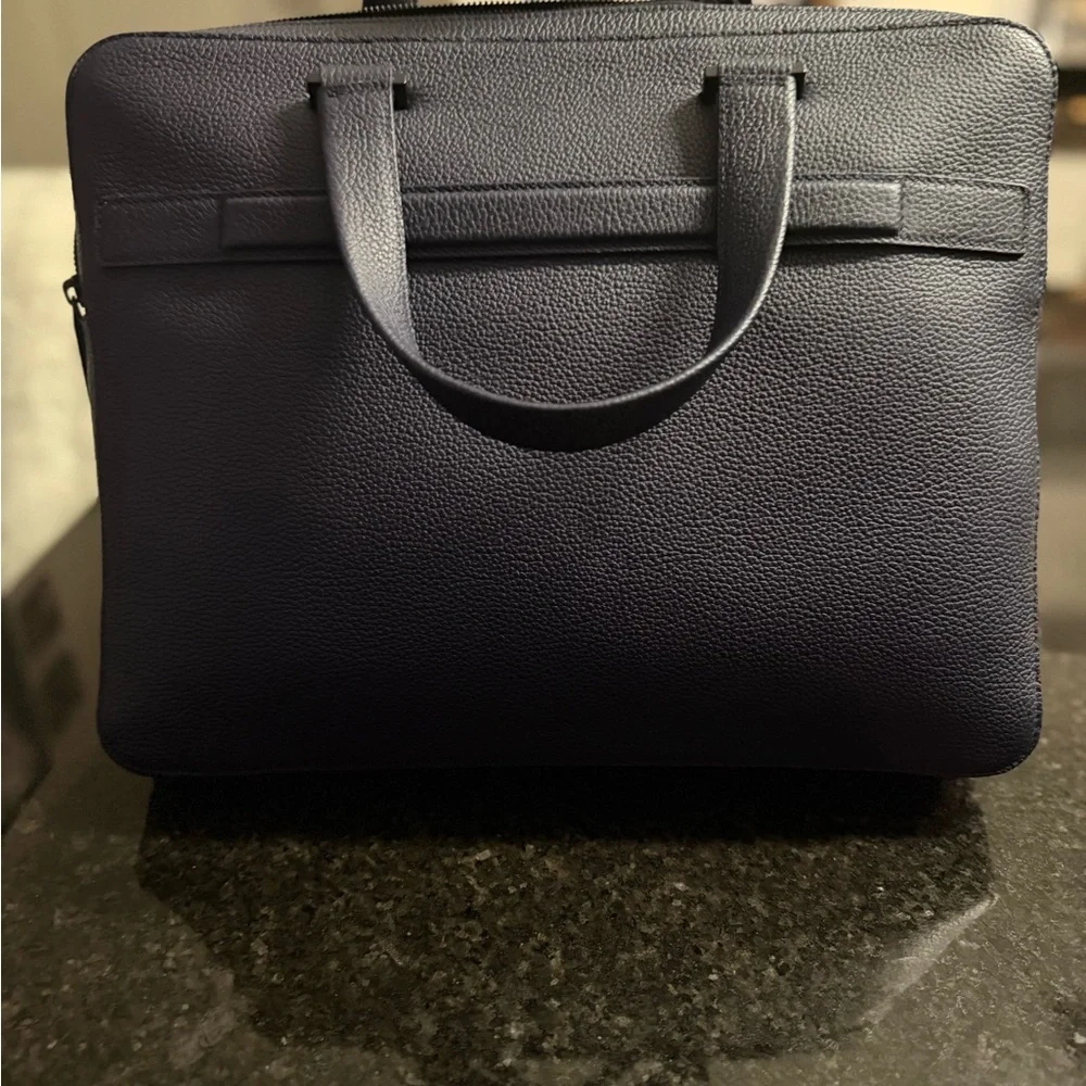 Salvatore Ferragamo Navy Embossed Leather Laptop Briefcase