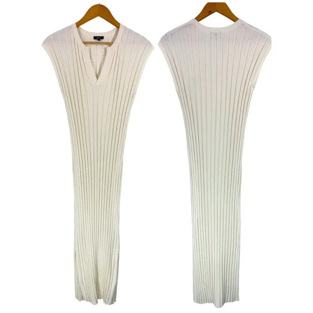 Rails Ashley Rib-Knit Midi Dress Cream Sleeveless Stretch Cotton Blend Size M