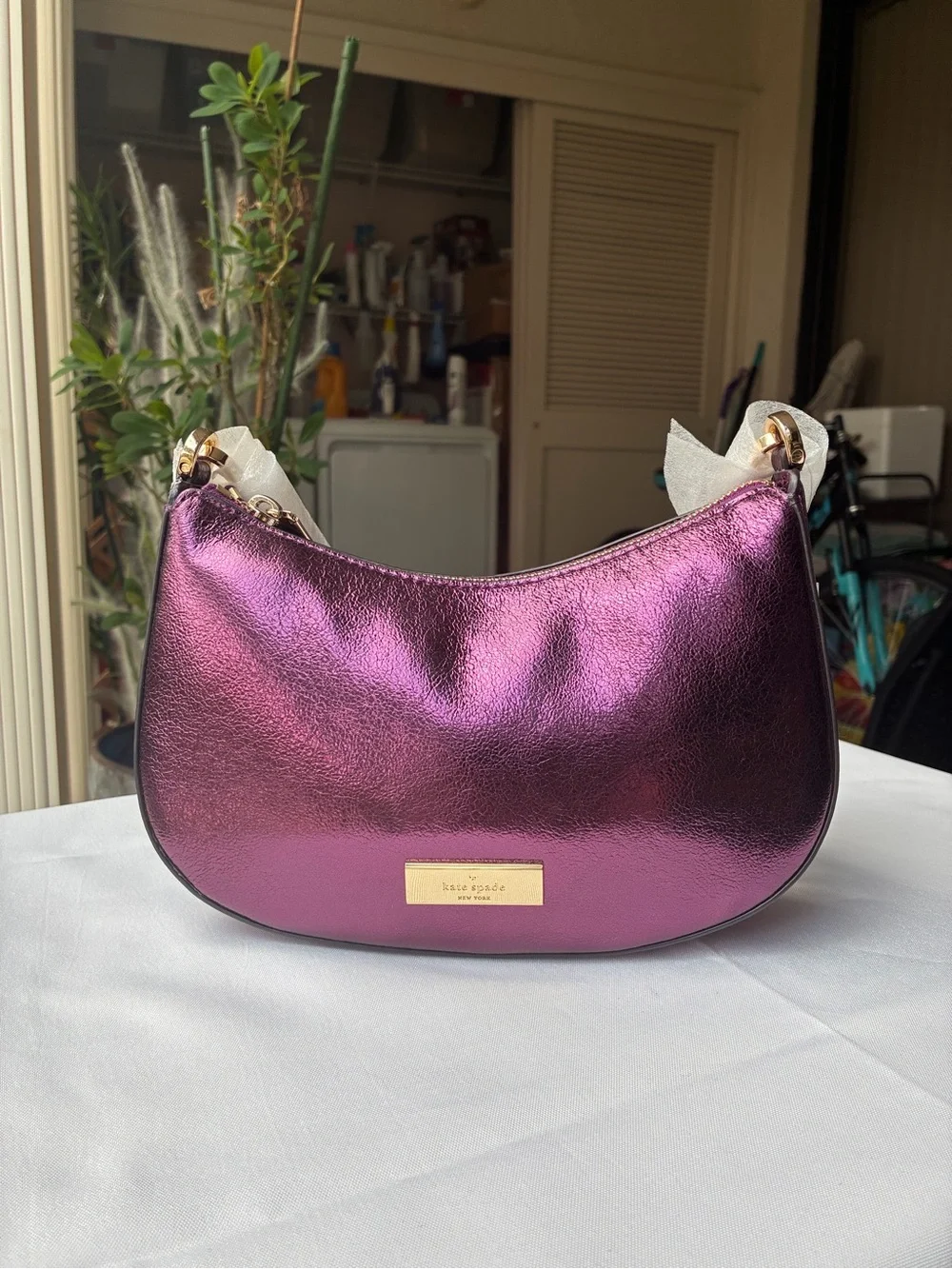 RARE Kate Spade Nina Metallic Leather Shoulder Bag Dark Raspberry