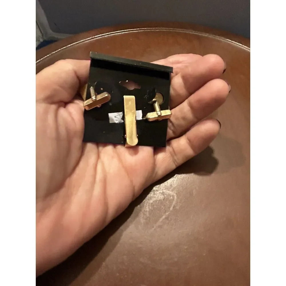 Vintage MCM Goldtone Square Cufflinks & Tie Clip Mid Century‎ Modern Mens