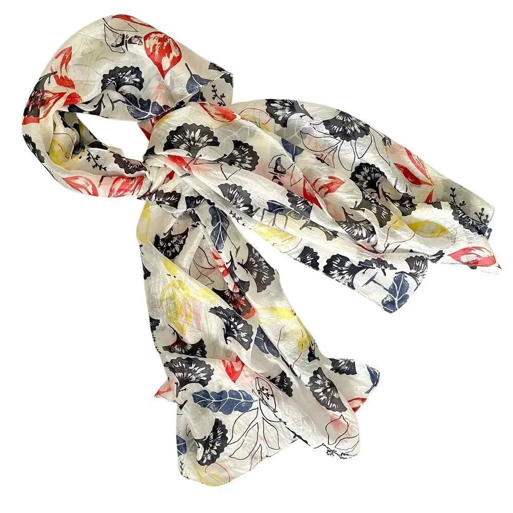 Galeries Lafayette Colorful Leaf-Print Lightweight Silk Long Rectangle Scarf