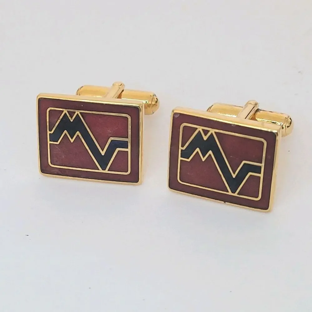 Mario Valentino MV Gold Red Black Tone Rectangle Logo Cufflinks Designer Retro