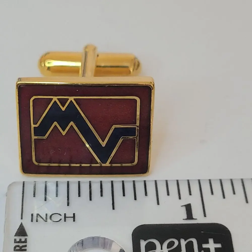 Mario Valentino MV Gold Red Black Tone Rectangle Logo Cufflinks Designer Retro