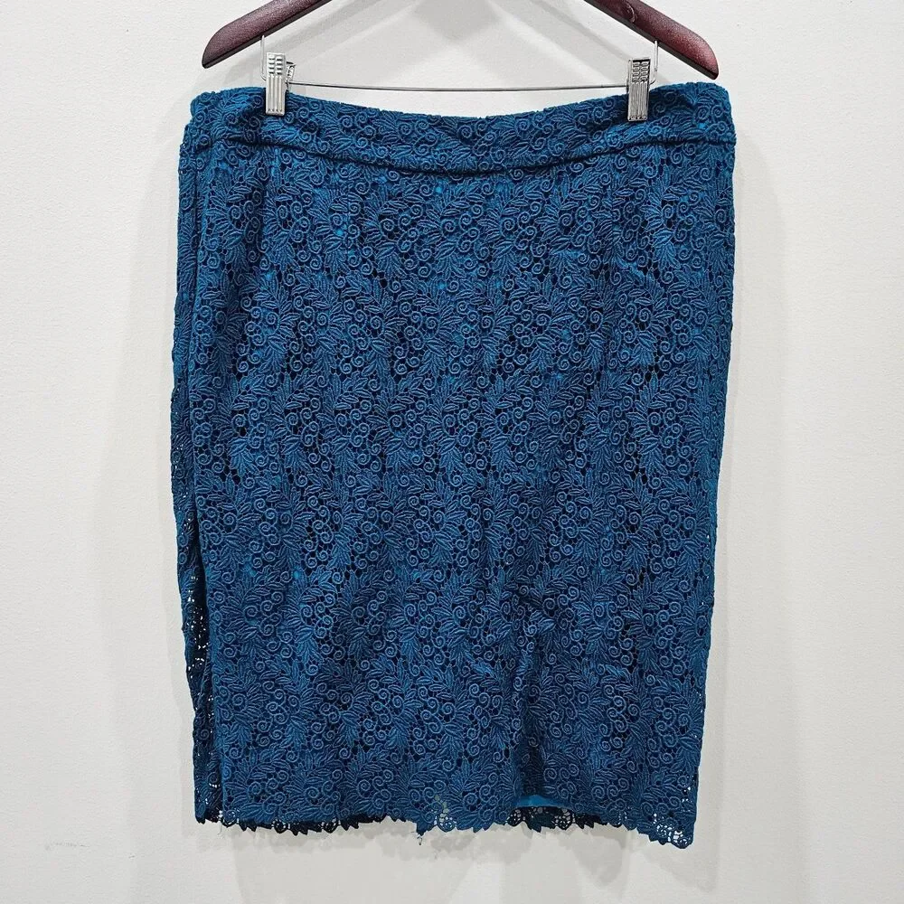 Talbots Womens Lace Overlay Pencil Skirt 16W Blue Floral Romantic Feminine Fairy