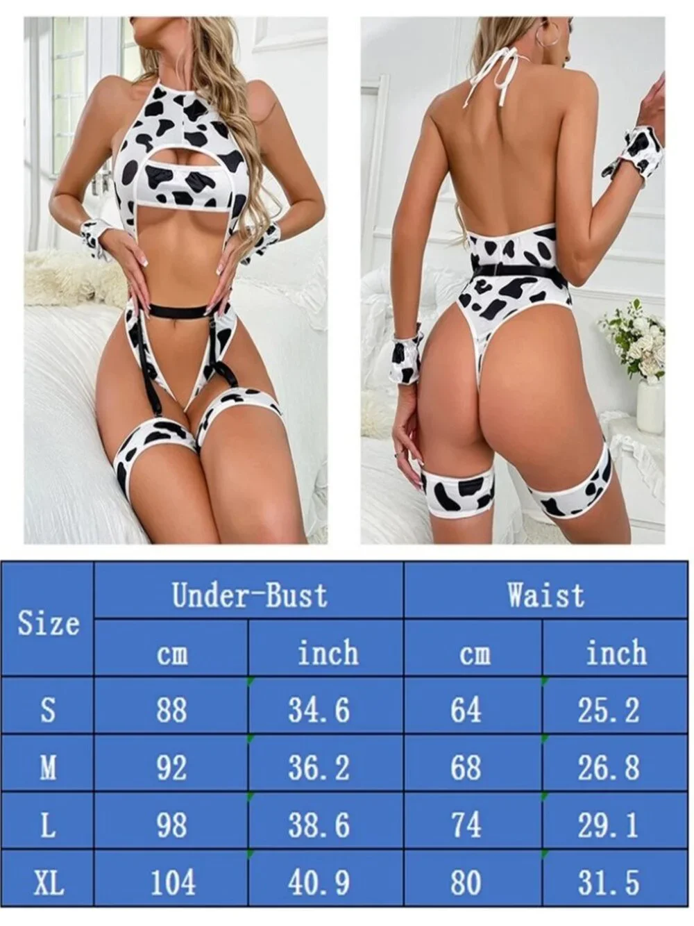 Women's Sexy Lingerie Milk Cow Cosplay Bodysuit Bra Panty Underwear Garter Set