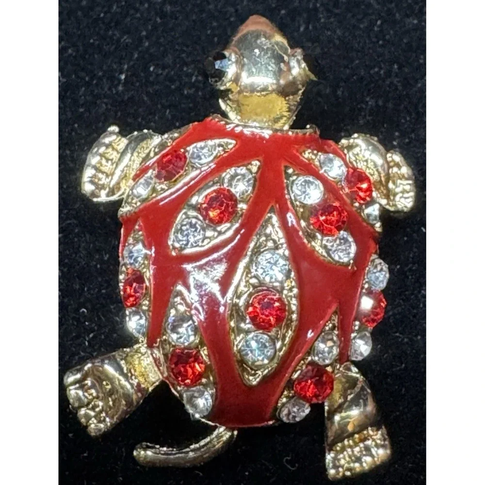 Vintage Turtle Brooch Red Enamel Rhinestone Gold Tone Figural Turtle Pin Costume