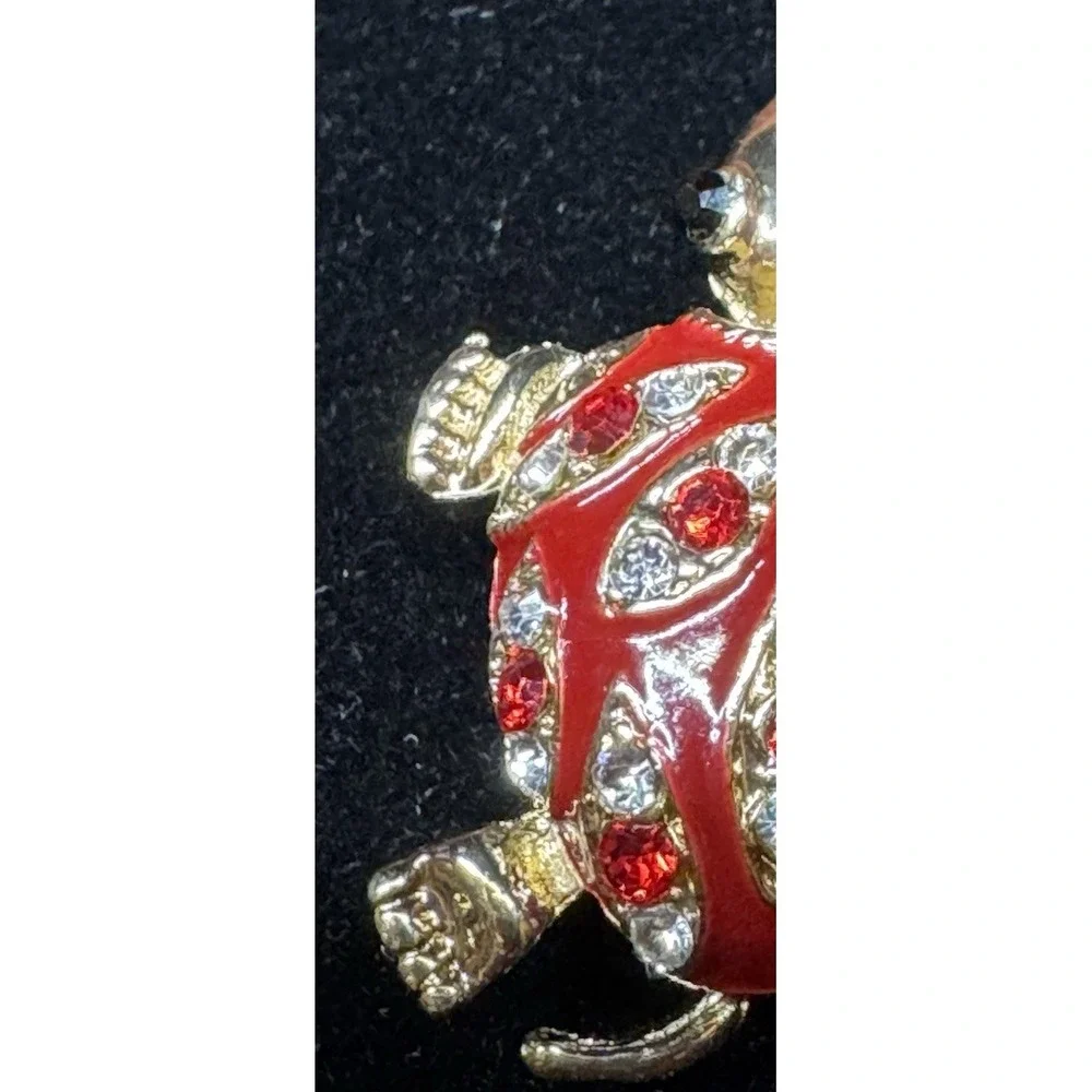 Vintage Turtle Brooch Red Enamel Rhinestone Gold Tone Figural Turtle Pin Costume