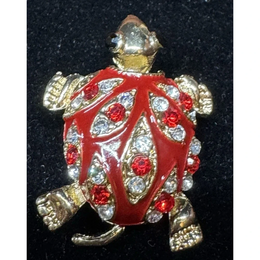 Vintage Turtle Brooch Red Enamel Rhinestone Gold Tone Figural Turtle Pin Costume