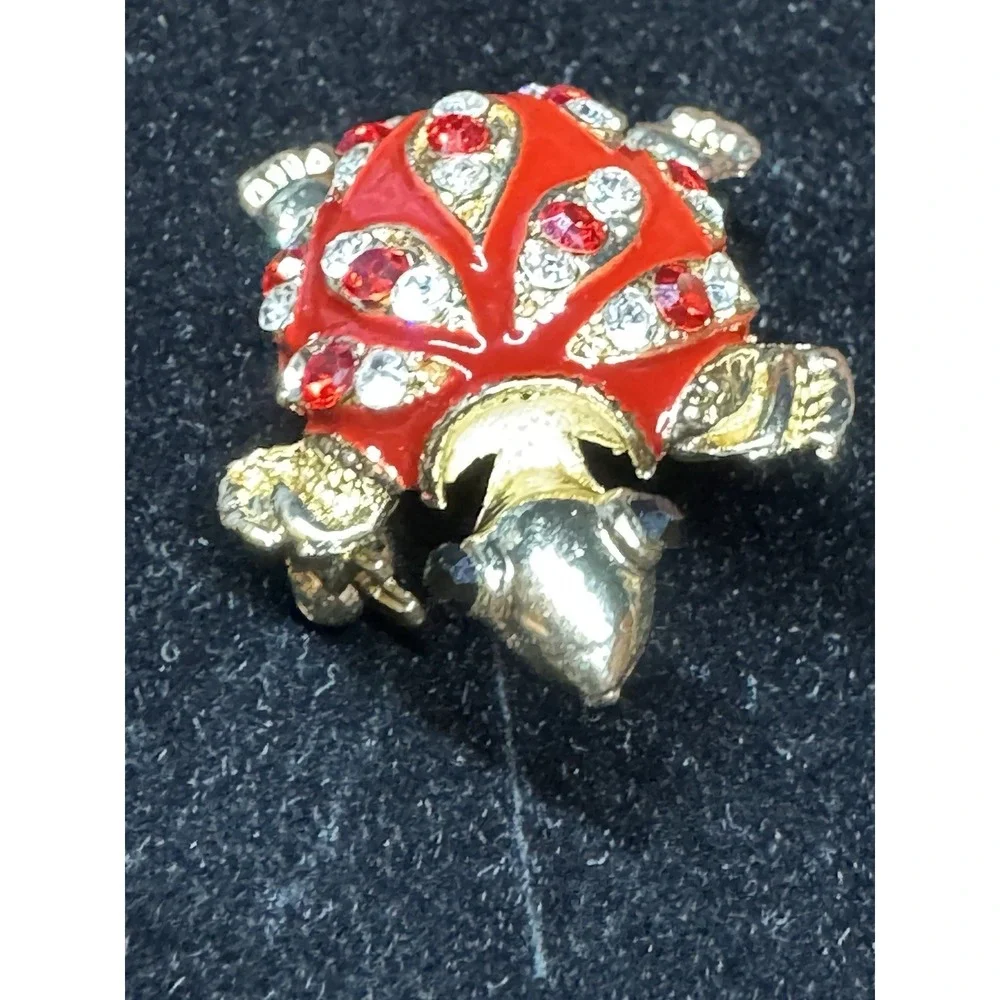 Vintage Turtle Brooch Red Enamel Rhinestone Gold Tone Figural Turtle Pin Costume