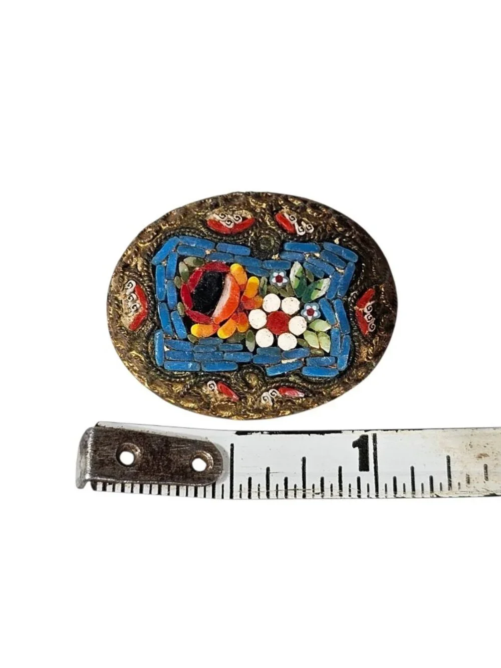 Micro Mosaic Flower Brooch Gold Tone Multi Color Made In Italy Art Deco VTG