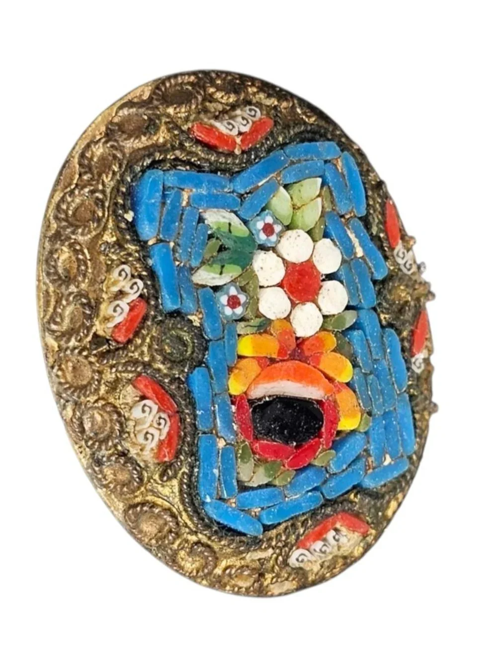 Micro Mosaic Flower Brooch Gold Tone Multi Color Made In Italy Art Deco VTG