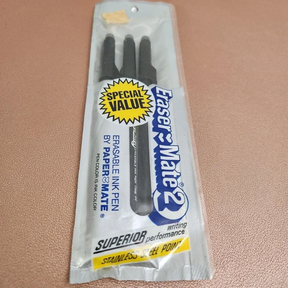 3 Pack Sealed 1983 Vintage Gillette Paper Mate Pens Eraser Mate 2 Black Ink USA